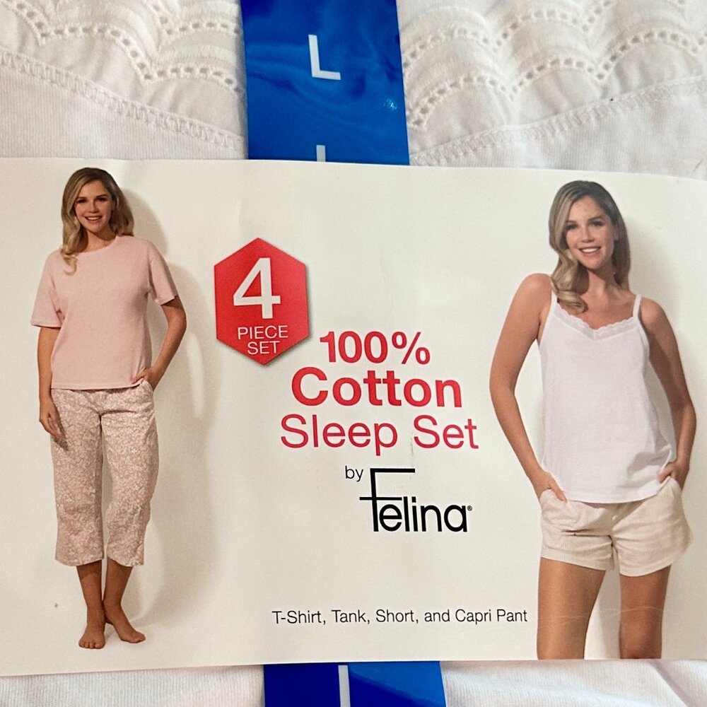Felina Women's 4 Piece 100% Cotton Sleep Pajama Set L Tee Tank Short Capri Pant - Picture 2 of 10